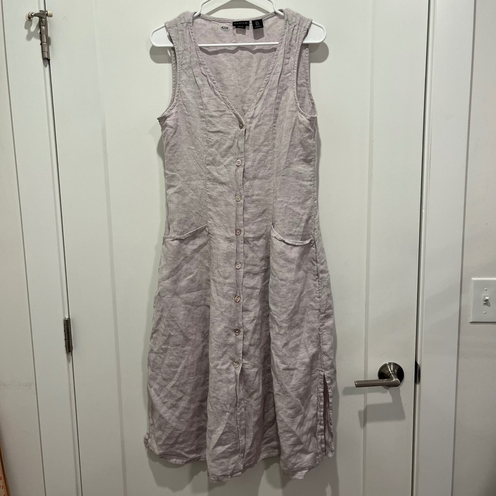 Tahari 100% Linen Sleeveless Button Down Midi Dress Lavender Grey Size 8